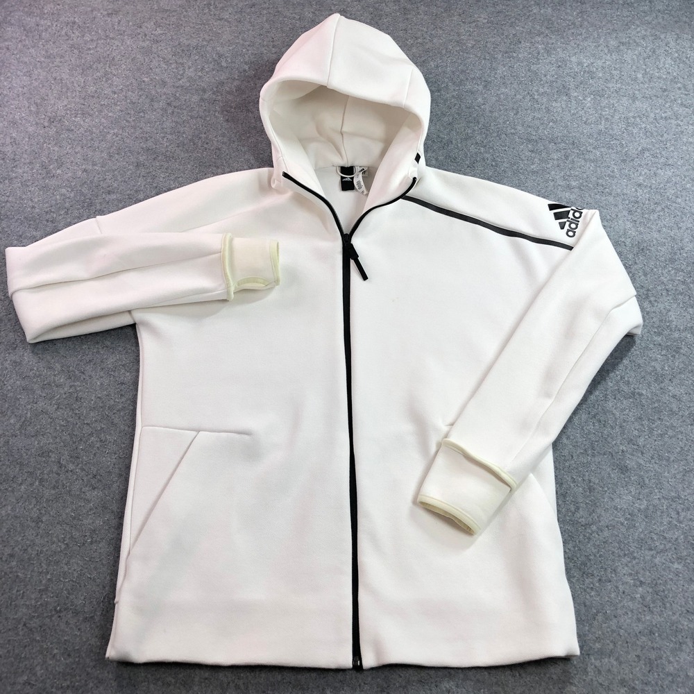 Adidas Mens Hoodie Jacket L White ZNE Full Zip Thumbholes Very Thick Material